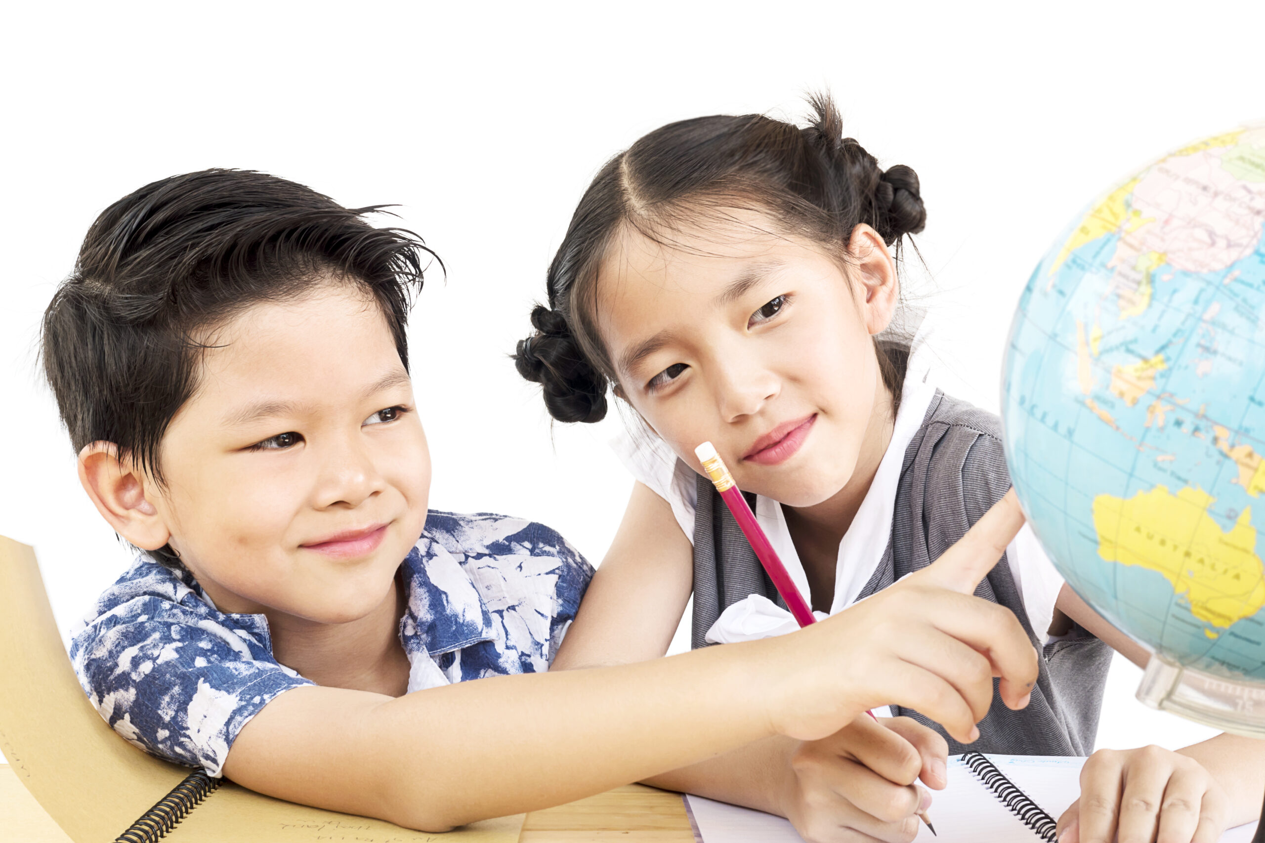asian kids are studying globe white background 1 scaled